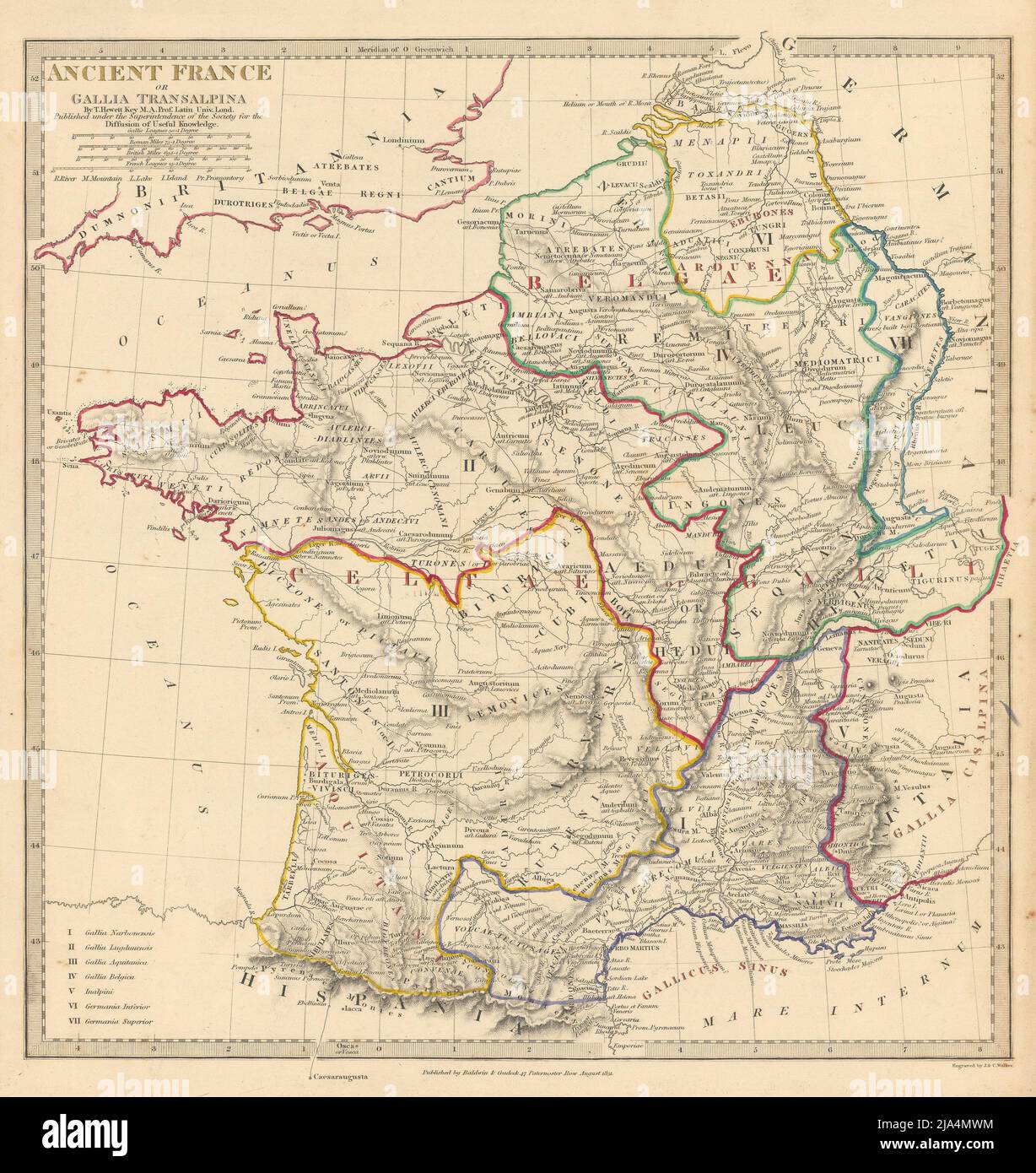 ANCIENNE FRANCE ROMAINE GAULE. Gallia Transalpina. Noms romains routes.SDUK 1844 carte Banque D'Images