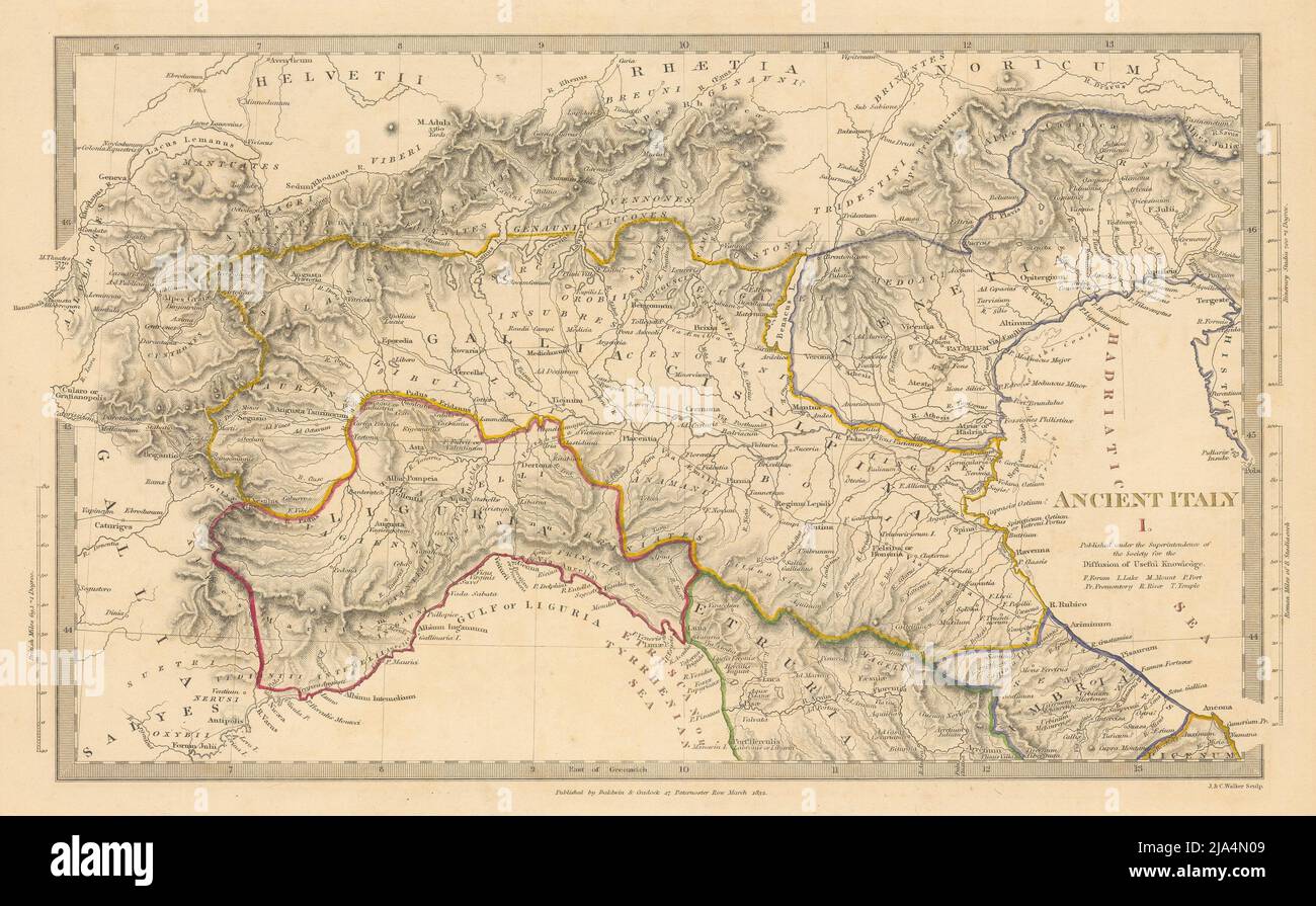 ANCIENNE ITALIE ROMAINE NORD.Ligurie Venetia Gallia Cisalpina.Roads.SDUK 1844 carte Banque D'Images