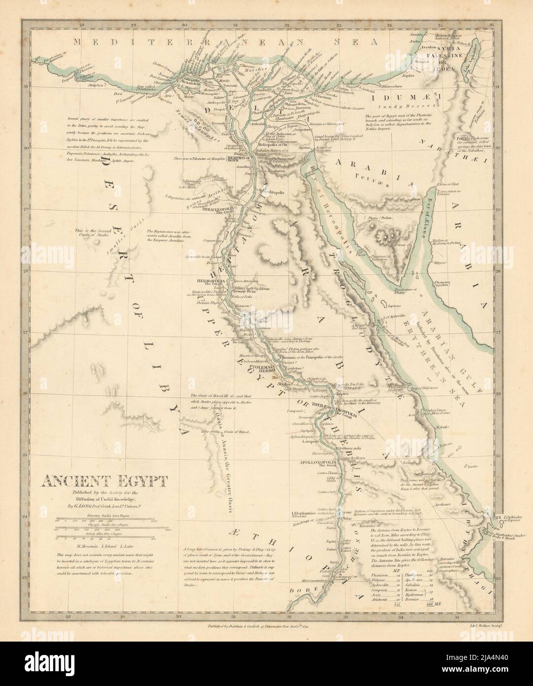 ÉGYPTE ANCIENNE. Vallée du Nil. Couleur du contour d'origine. Carte ancienne SDUK 1844 Banque D'Images