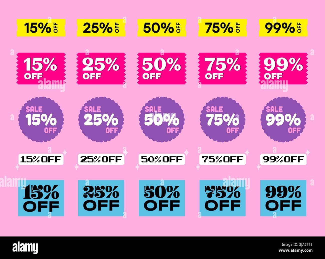 Jeu d'affiches promotionnelles et d'offres spéciales, badges vectoriels. Divers rabais dessins colorés, 15%, 25%, 50%, 75%, 99 % de réduction. Illustration de Vecteur