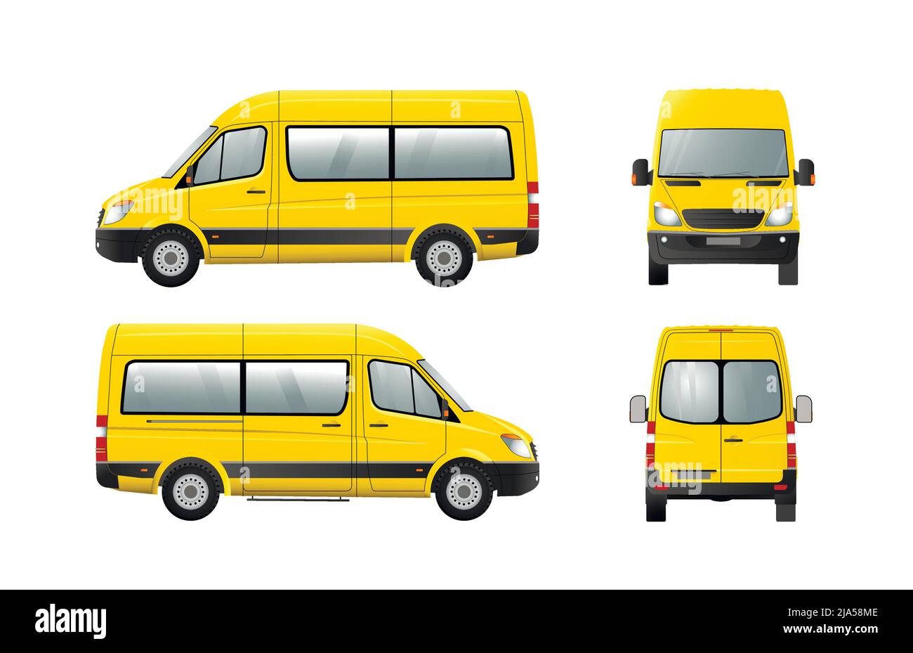 Minibus passager jaune, vue avant, arrière, droite, gauche. Illustration vectorielle plate. Illustration de Vecteur Minibus passager jaune, vue avant, arrière, droite, gauche. Illustration vectorielle plate. Illustration de Vecteur