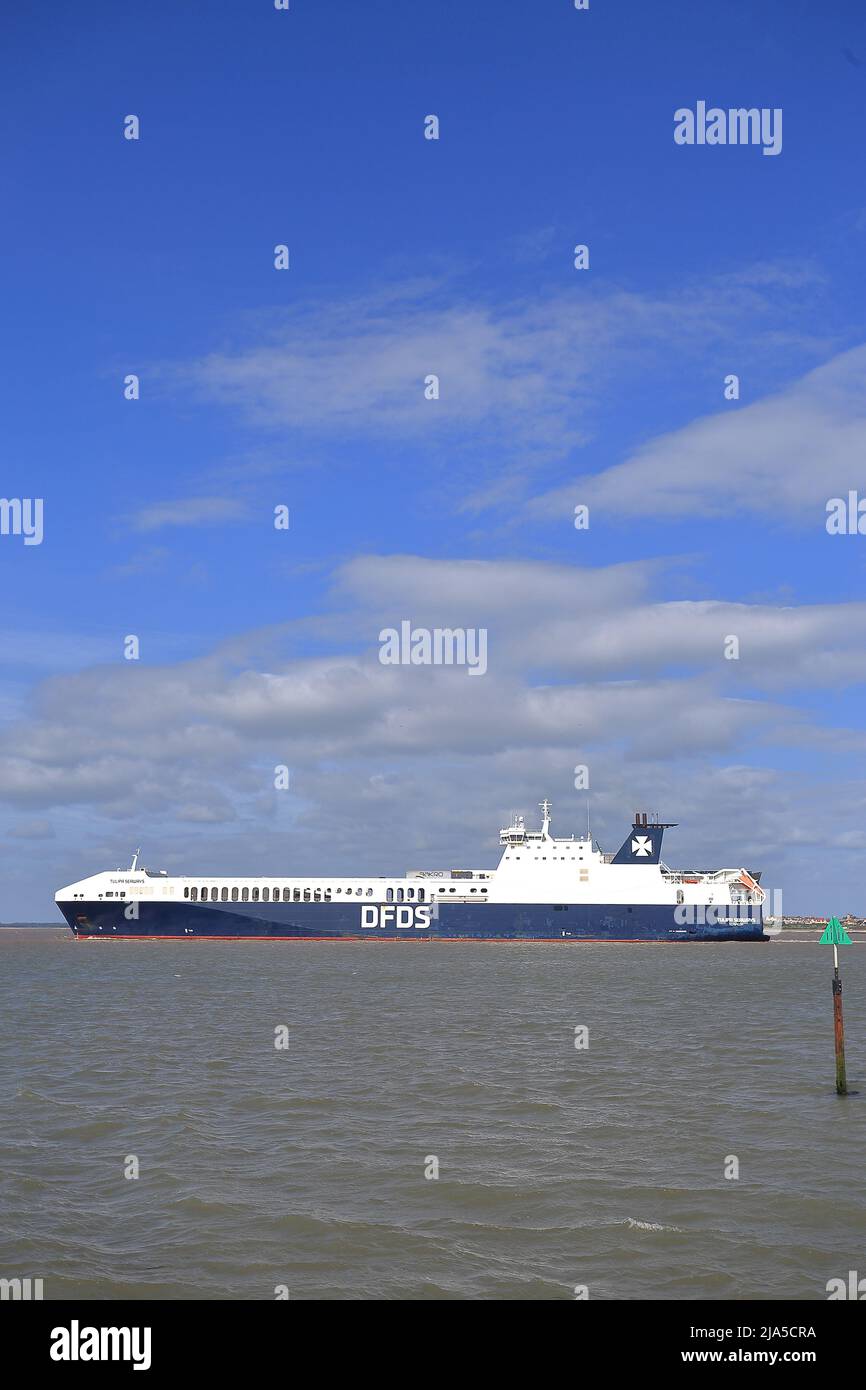 RO-RO (Roll On - Roll Off) navire de cargaison Tulipa Seaways quittant le port de Felixstowe, Suffolk, Royaume-Uni. Banque D'Images