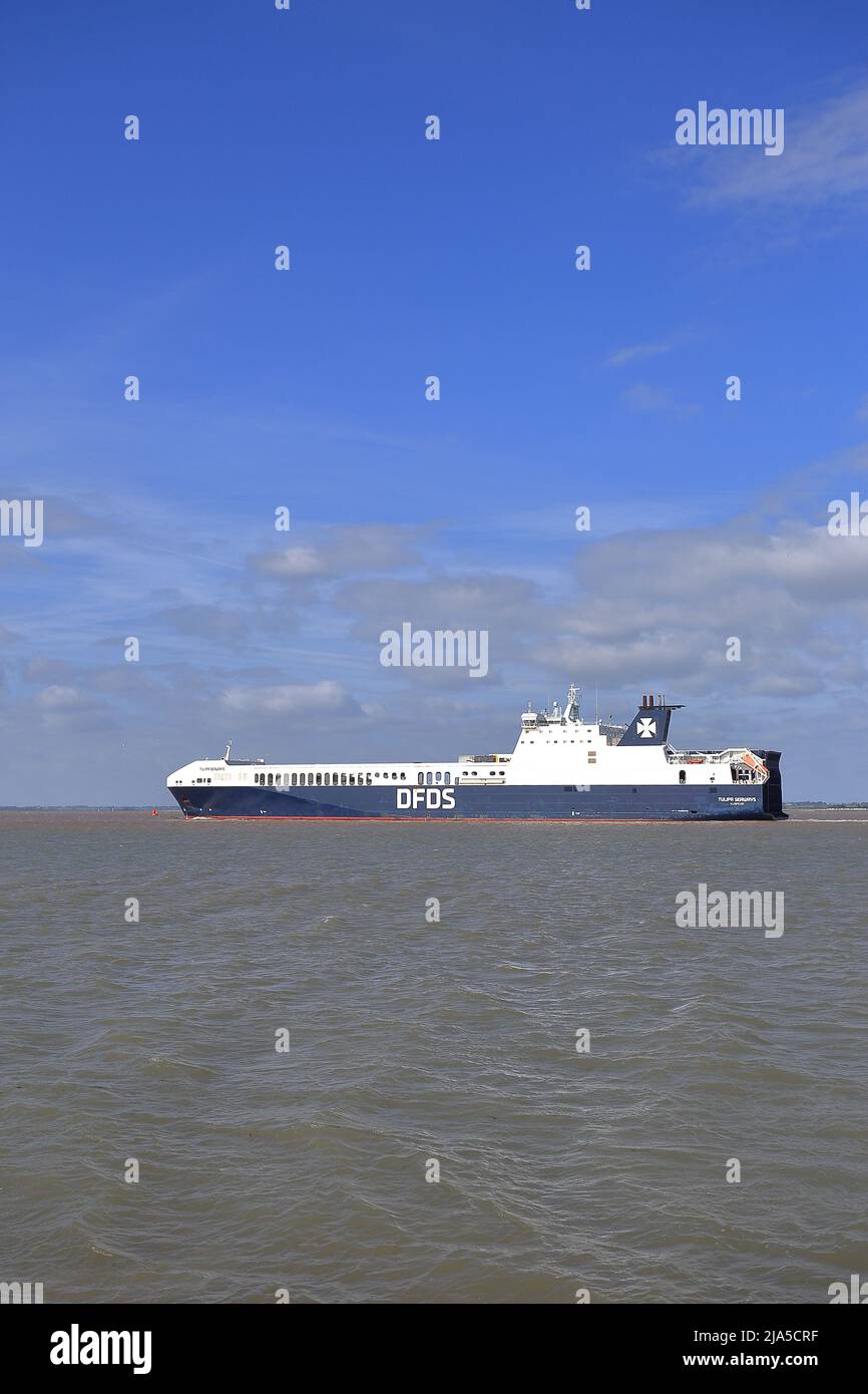 RO-RO (Roll On - Roll Off) navire de cargaison Tulipa Seaways quittant le port de Felixstowe, Suffolk, Royaume-Uni. Banque D'Images