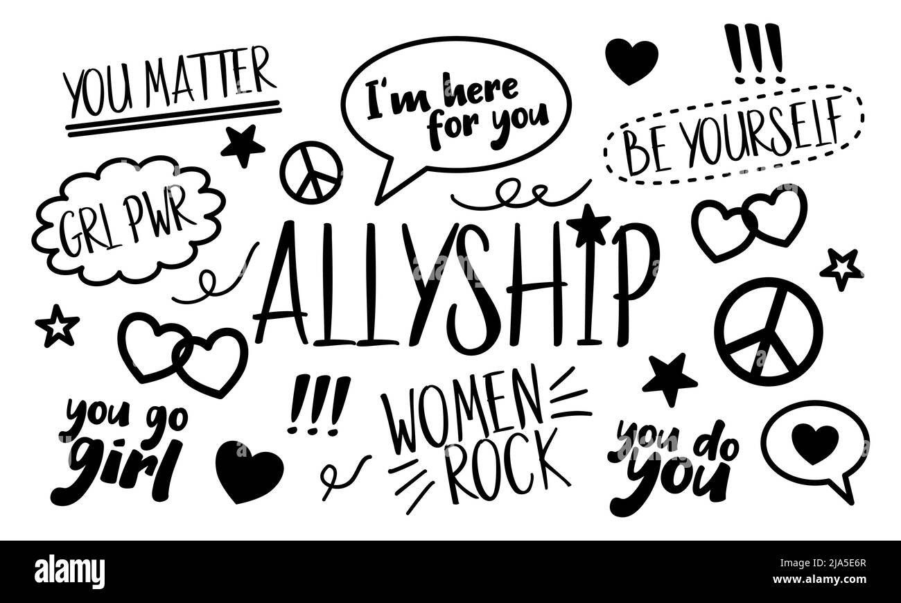 Ensemble de dessins de concept de allyship for Women sur fond blanc. Solidarité pour les femmes dans une communauté inclusive, autonomisation Illustration de Vecteur