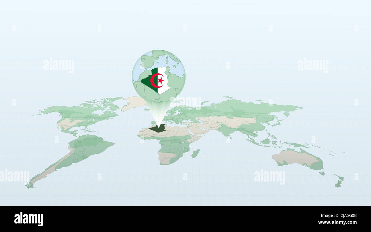 Carte du monde en perspective montrant l'emplacement du pays Algérie avec carte détaillée avec drapeau de l'Algérie. Illustration vectorielle. Illustration de Vecteur