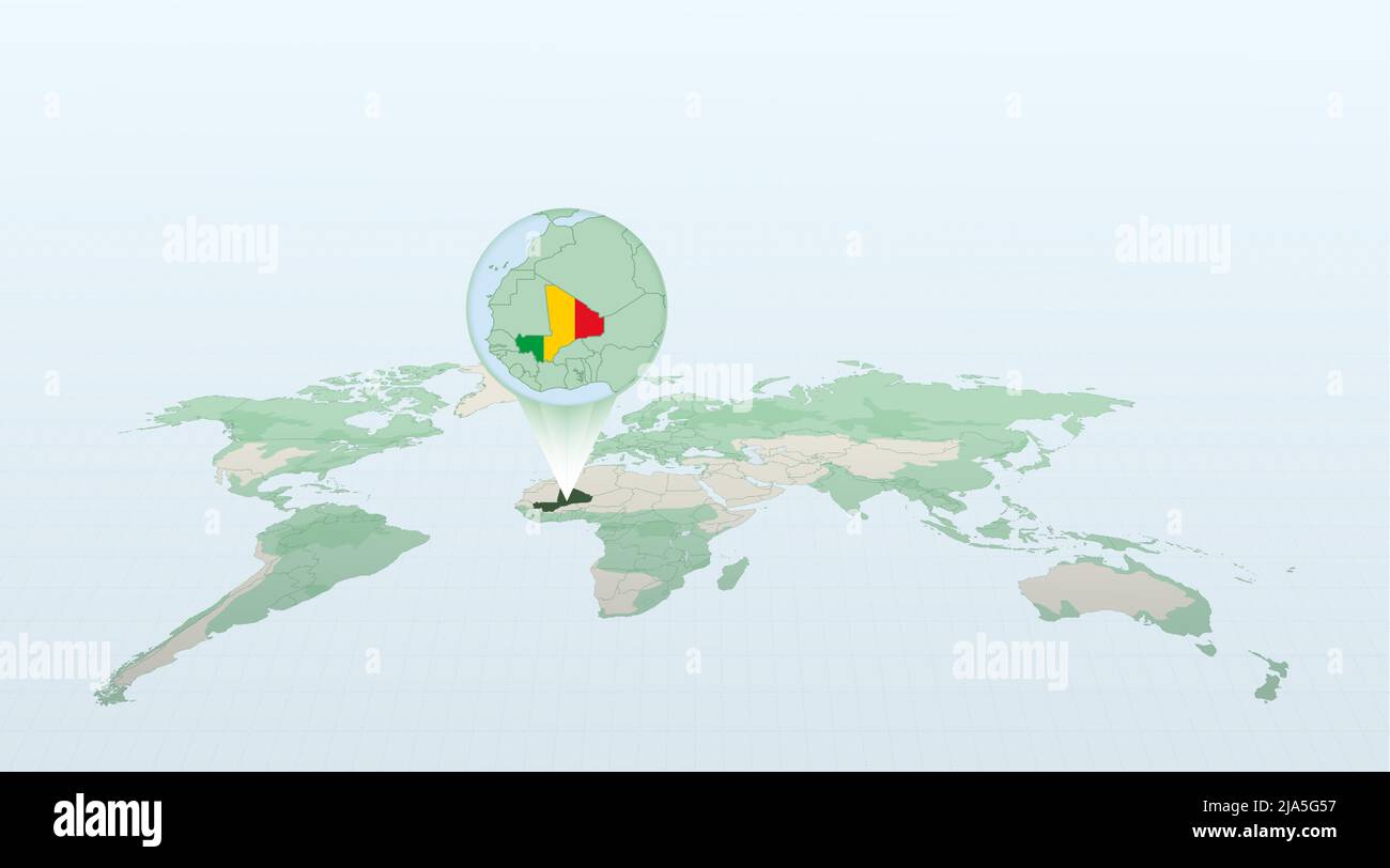 Carte du monde en perspective montrant l'emplacement du pays Mali avec carte détaillée avec drapeau du Mali. Illustration vectorielle. Illustration de Vecteur