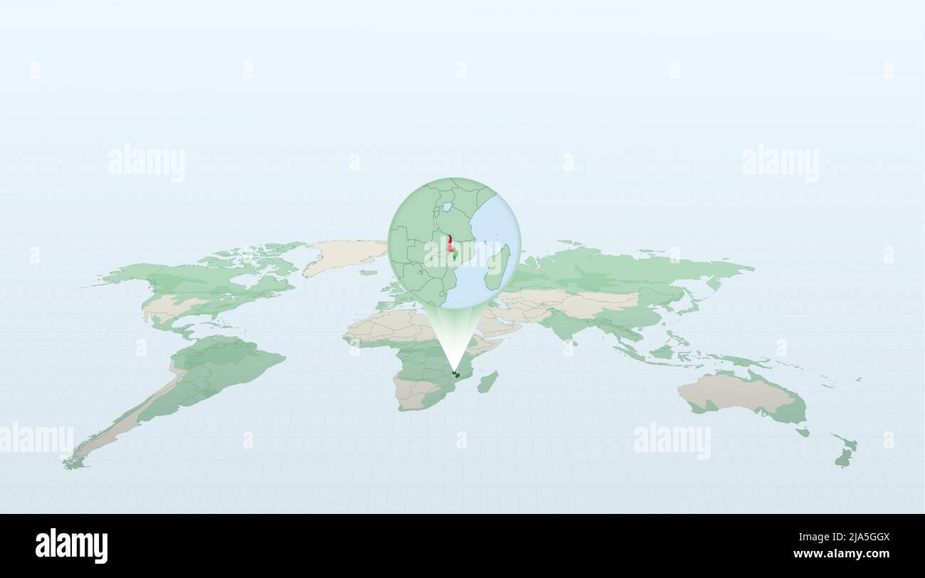 Carte du monde en perspective montrant l'emplacement du Malawi avec carte détaillée avec drapeau du Malawi. Illustration vectorielle. Illustration de Vecteur
