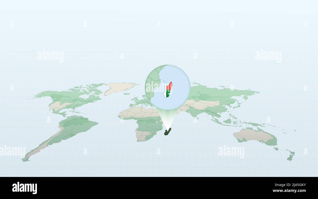 Carte du monde en perspective montrant l'emplacement du pays Madagascar avec carte détaillée avec drapeau de Madagascar. Illustration vectorielle. Illustration de Vecteur