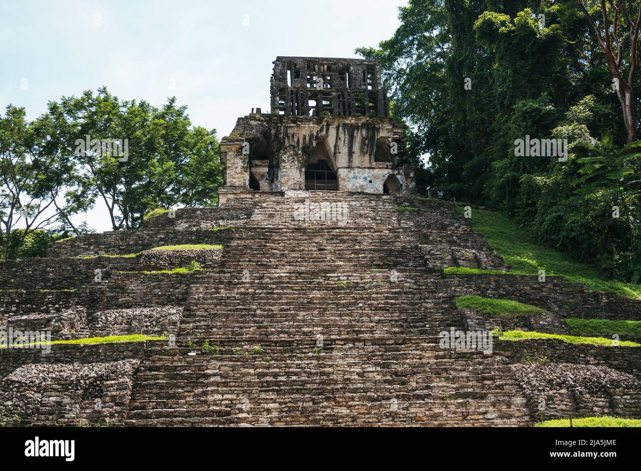 Des marches mènent vers le haut du côté du Temple Maya de la pyramide du Comte à la zone archéologique de Palenque, État du Chiapas, Mexique Banque D'Images