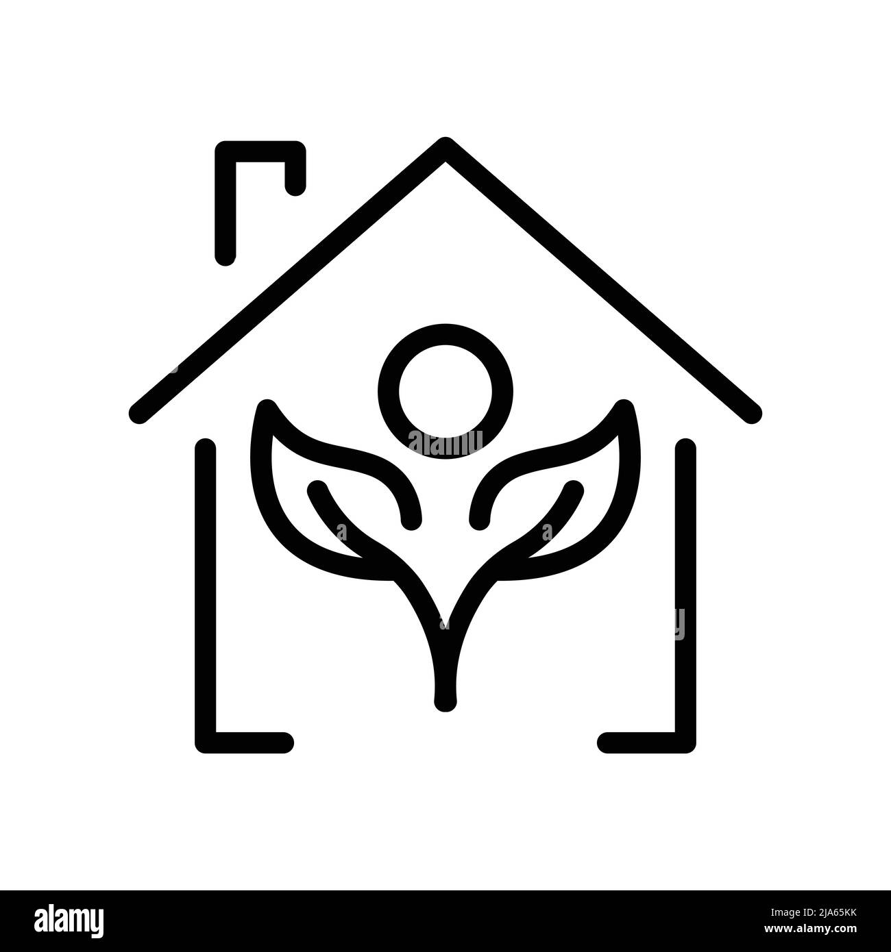 Maison icône vecteur avec les gens et les feuilles. Environnement sain, écologie, maison saine. Ligne icône style. Illustration de conception simple modifiable Illustration de Vecteur