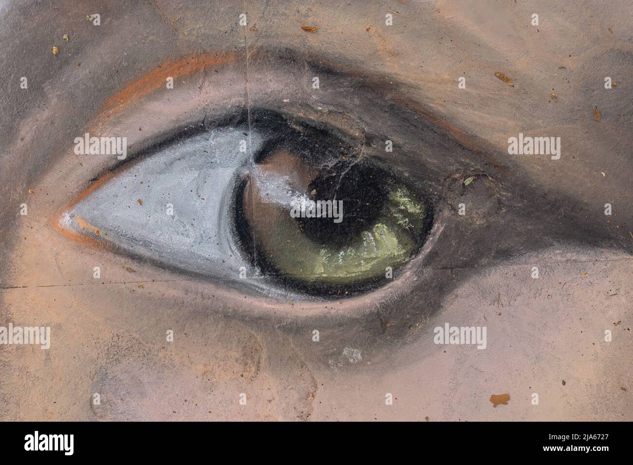 Grado, Italie - 8 juillet 2021: Un oeil comme une partie isolée d'un visage, peint sur l'asphalte dans la ville, rue a Banque D'Images
