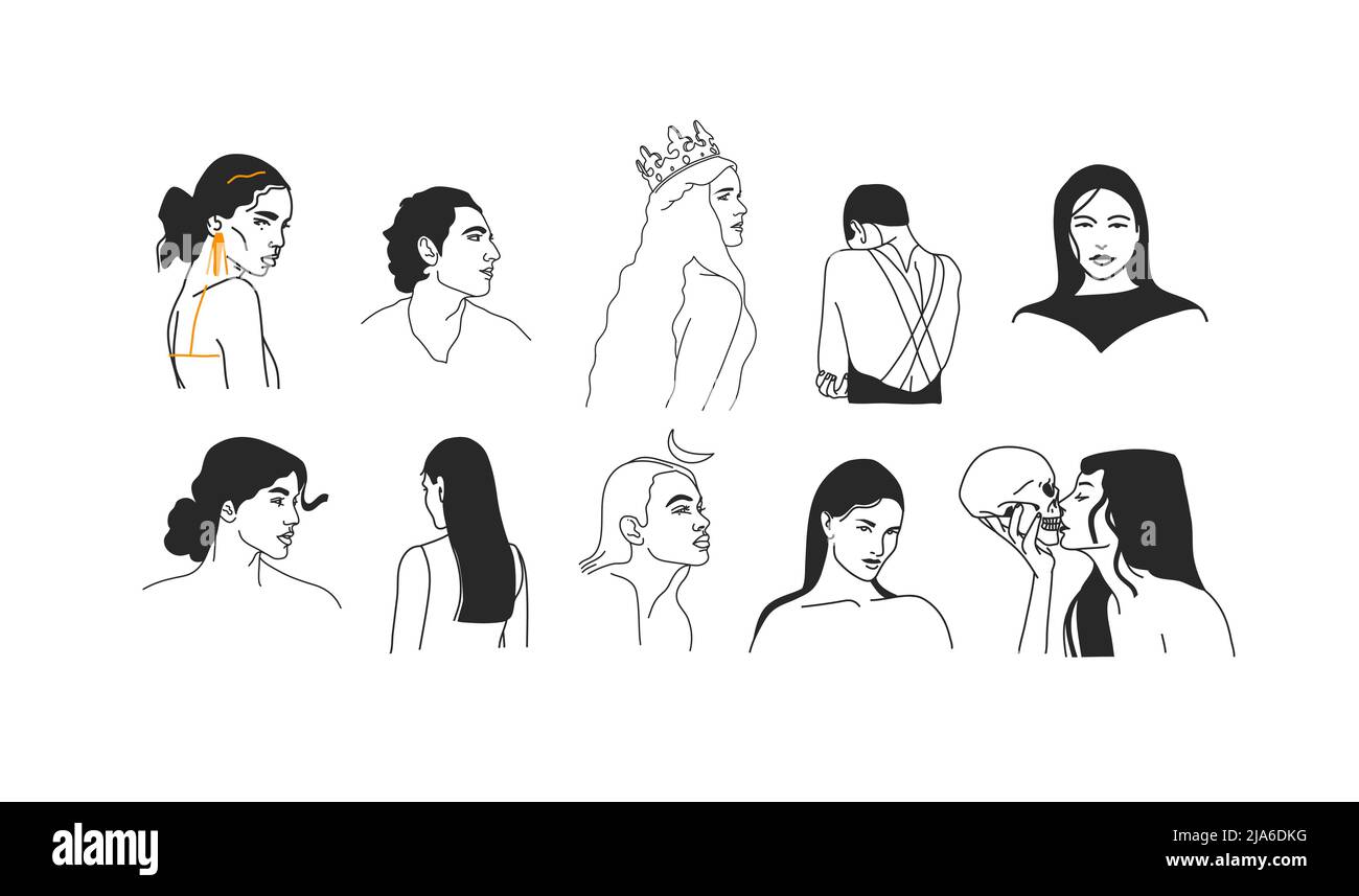 Dessin à la main vecteur résumé stock plat graphique illustrations collection ensemble avec des éléments de logo, magie sacré boho personnes portraits dans les dessins au trait en toute simplicité Illustration de Vecteur
