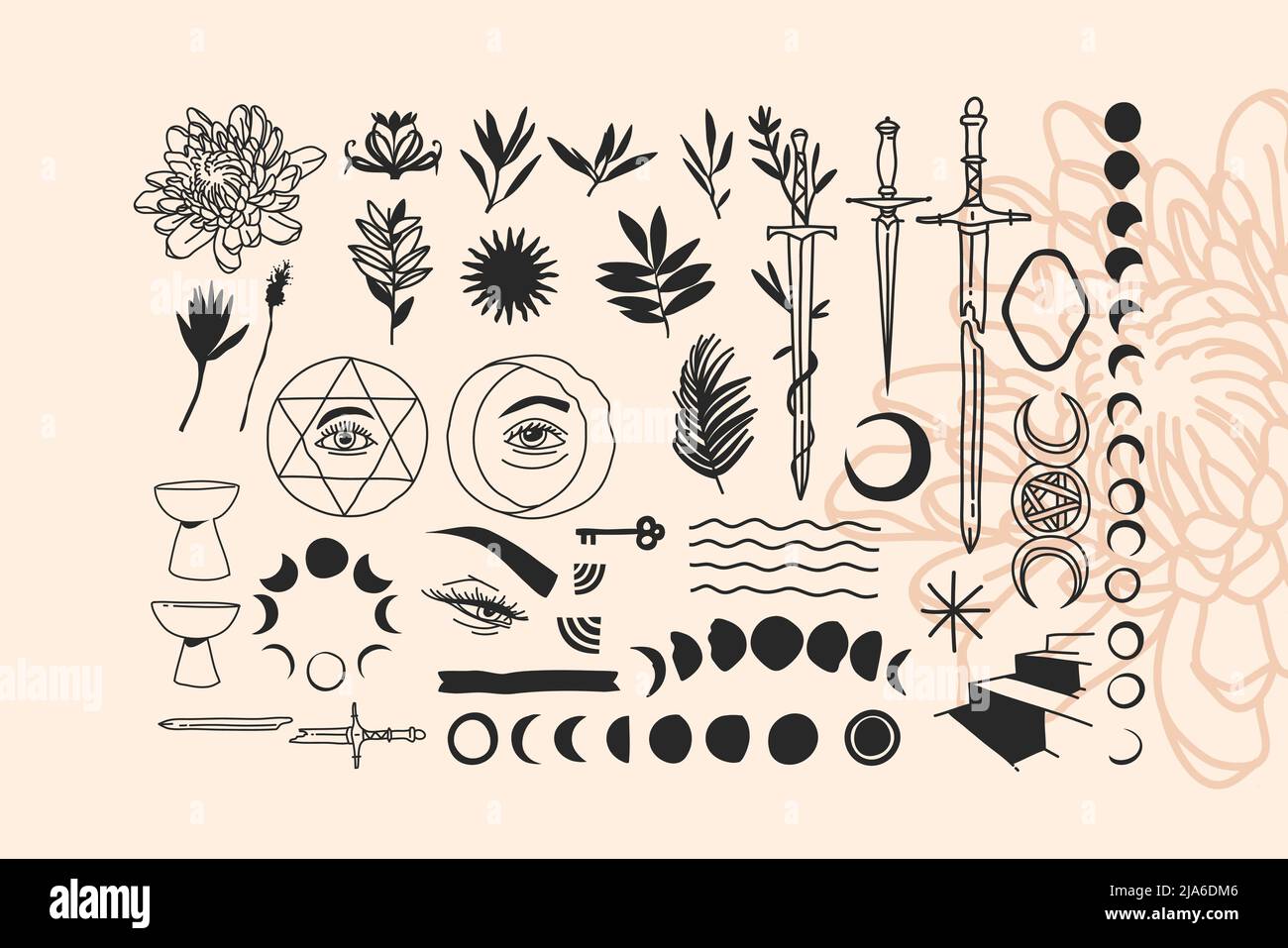 Dessin à la main vecteur résumé stock plat graphiques illustrations alchimie ésotérique collection d'icônes avec des éléments de logo, magie sacrée phases de lune de boho Illustration de Vecteur