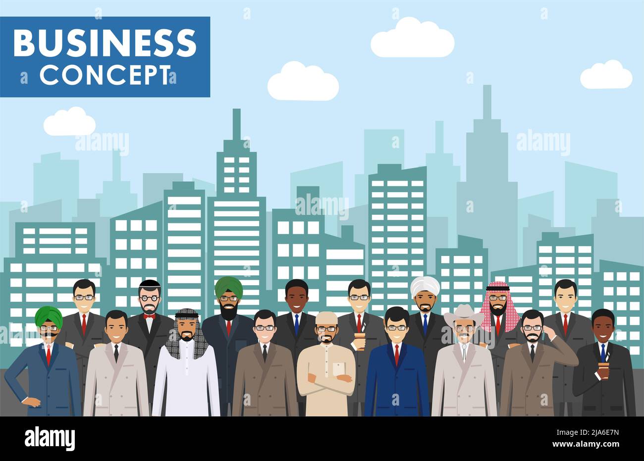 Groupe de personnes sur fond avec paysage urbain dans le style plat. Ensemble d'employés professionnels divers qui se tiennent ensemble. Différentes nationalités et différents styles de robe Illustration de Vecteur