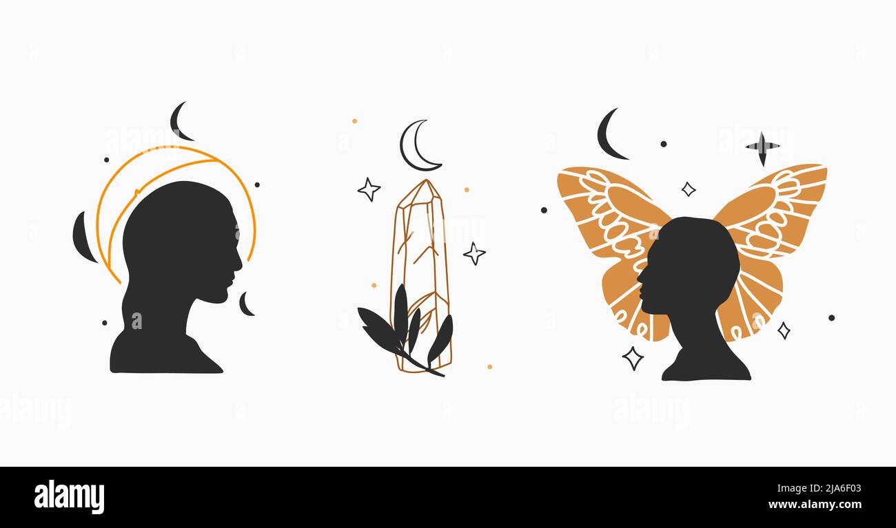 Vecteur graphique contour logo collection ensemble avec cristaux, papillon, lune, étoiles et belle femme silhouettes .Astrologie mystique minimum concept pour Illustration de Vecteur