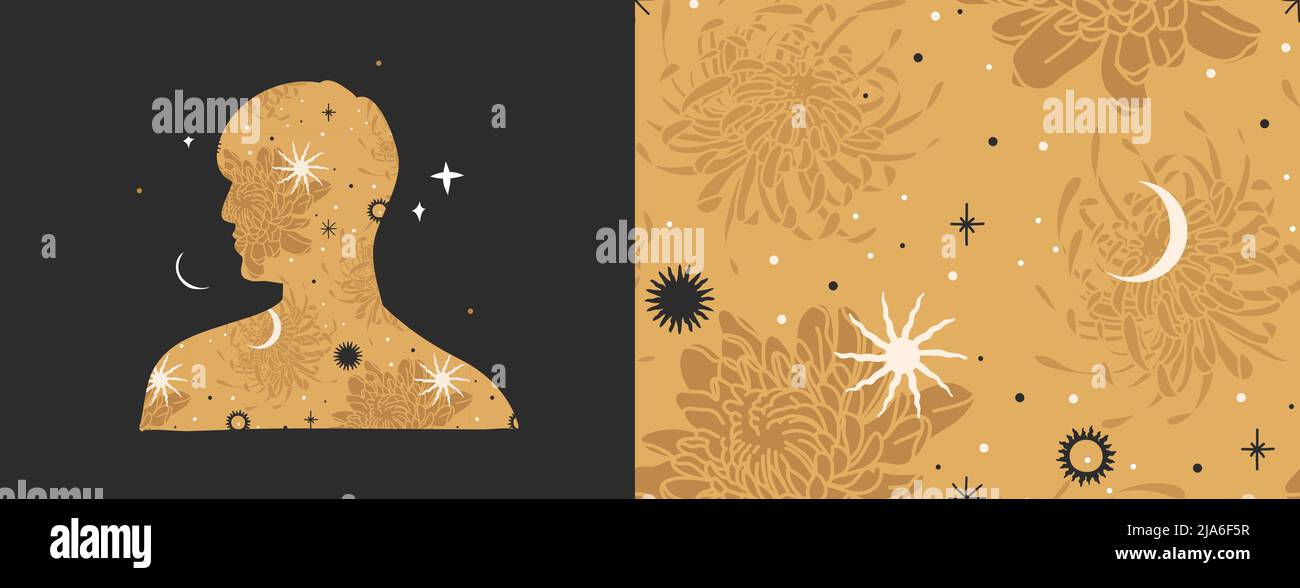 Dessin à la main vecteur résumé stock plat illustrations graphiques ensemble avec élément de logo, astrologie bohème art magique de l'espace galaxie, croissant de lune, étoiles, soleil Illustration de Vecteur