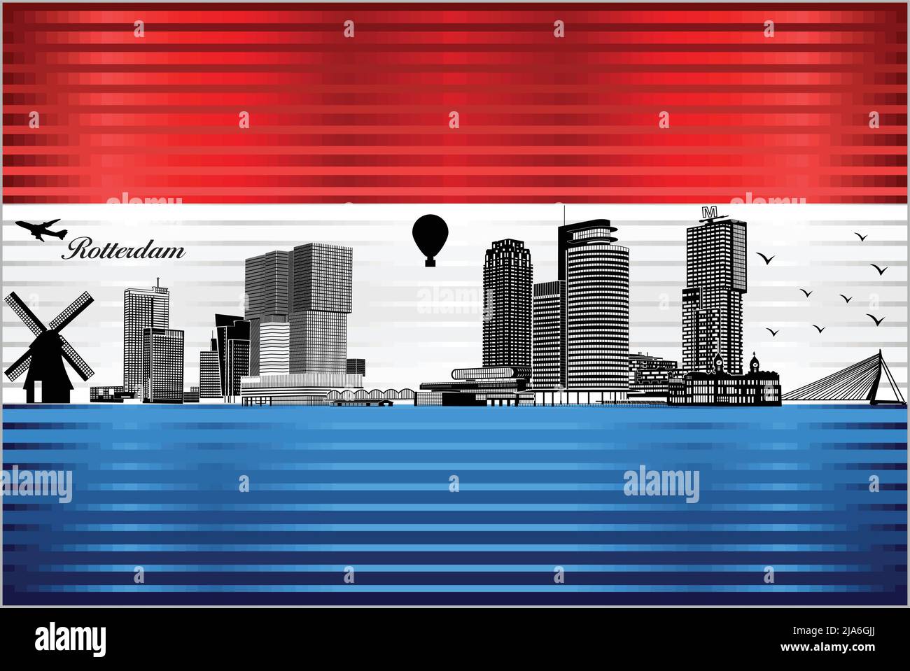 Horizon de la ville de Rotterdam avec drapeau des pays-Bas sur fond - illustration, drapeau Grunge brillant des pays-Bas Illustration de Vecteur