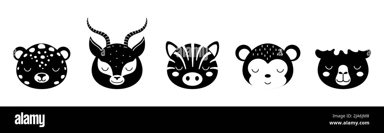 Ensemble de têtes d'animaux noir et blanc de jaguar, gazelle, zèbre, singe, chameau. Visages d'animaux de style scandinave. Desing pour enfants t-shirts, vêtements, pépinière Illustration de Vecteur