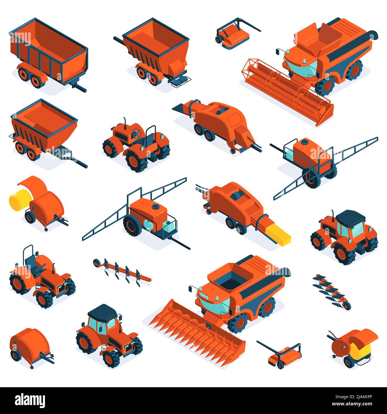 Ensemble d'équipements agricoles isométriques de la moissonneuse-batteuse tracteur remorque de chargement charrue presse à balles récolteuse-hacheuse illustration vectorielle isolée Illustration de Vecteur