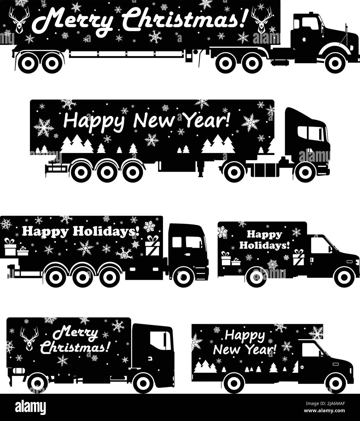 Illustration détaillée du camion de livraison de Noël et du livreur tenir la boîte sur fond blanc dans le style plat. Illustration vectorielle. Illustration de Vecteur
