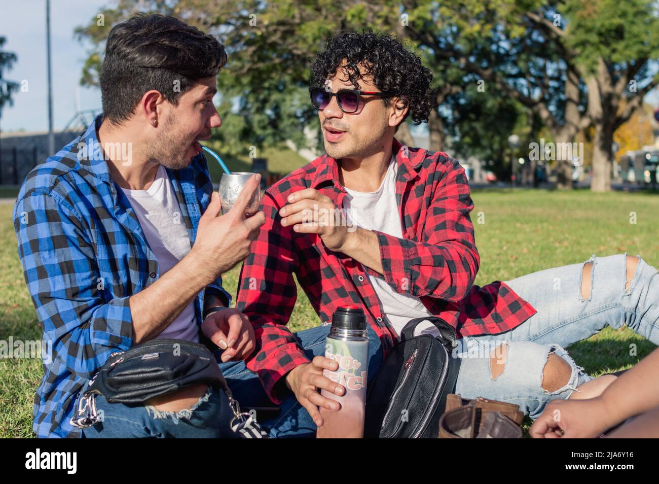 latino-caucasien homosexuel masculin couple argentin assis sur l'herbe dans le parc souriant, appréciant boire le compagnon lors d'une journée ensoleillée. Banque D'Images