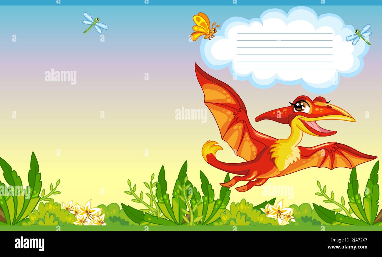 Couverture colorée avec un adorable dinosaure ptérodactyle dans la nature. Arrière-plan de dessin animé pour enfants. Illustration vectorielle. Couverture de deux pages pour ordinateurs portables, livres, Illustration de Vecteur