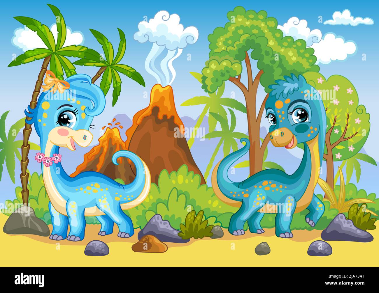 Illustration horizontale colorée avec de jolis dinosaures de diplodocus dans la nature. Arrière-plan de dessin animé pour enfants. Illustration vectorielle. Pour l'impression, le design, la publicité Illustration de Vecteur