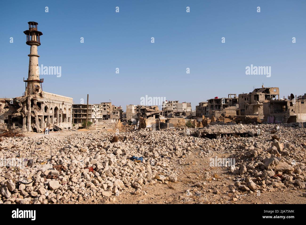 Darayya, Syrie - avril 2022 : paysage urbain de la ville détruite Darayya après la guerre civile syrienne. Banque D'Images