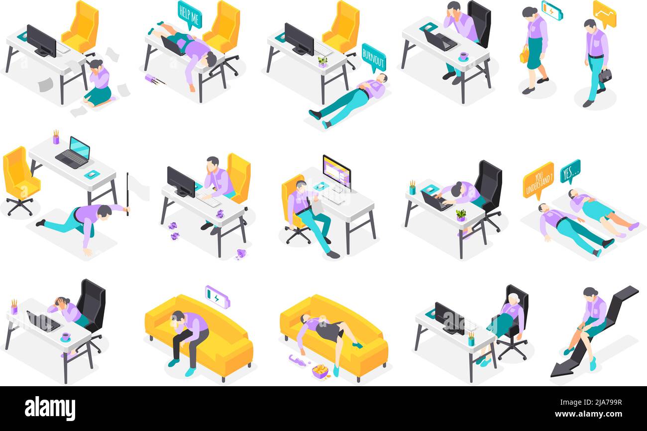 Syndrome de brûlure icônes isométriques recolor ensemble d'icônes isolées avec les travailleurs de bureau lieux de travail avec ordinateurs illustration vectorielle Illustration de Vecteur