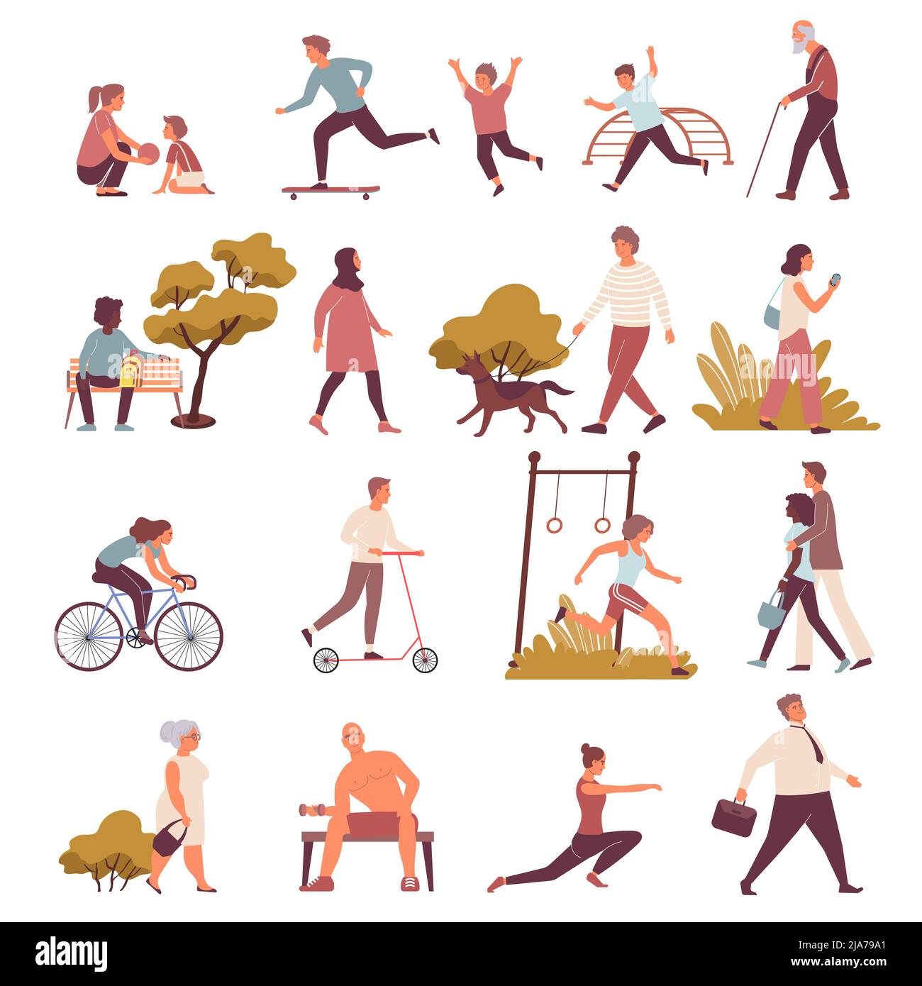 Ensemble de villes d'icônes plates et d'images isolées avec des personnes d'âge différent marchant dans l'illustration du vecteur de parc Illustration de Vecteur