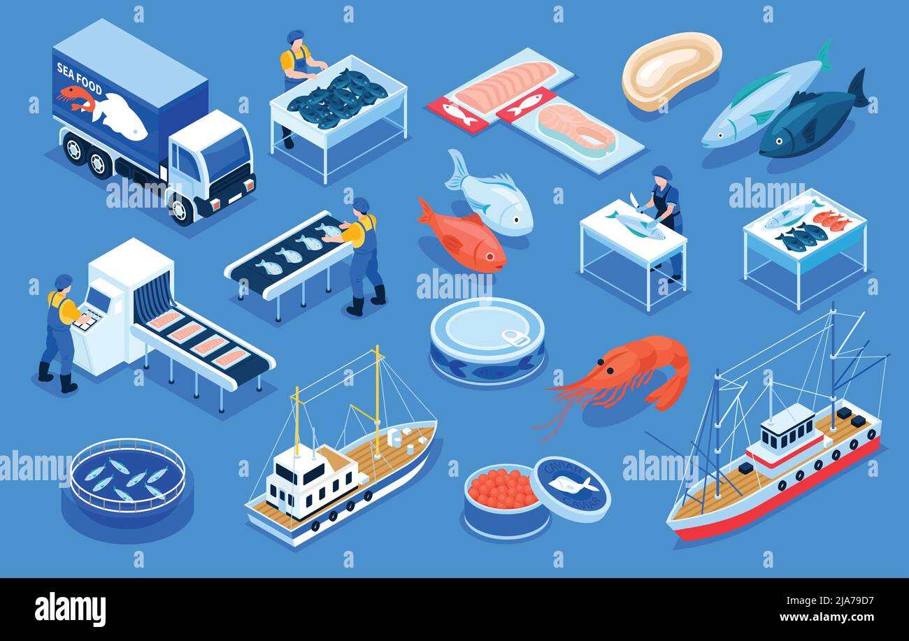Production de pêche ensemble de couleurs de livraison transport poissons frais et sel crevettes caviar rouges en conserve sur fond bleu vecteur isométrique illustrate Illustration de Vecteur