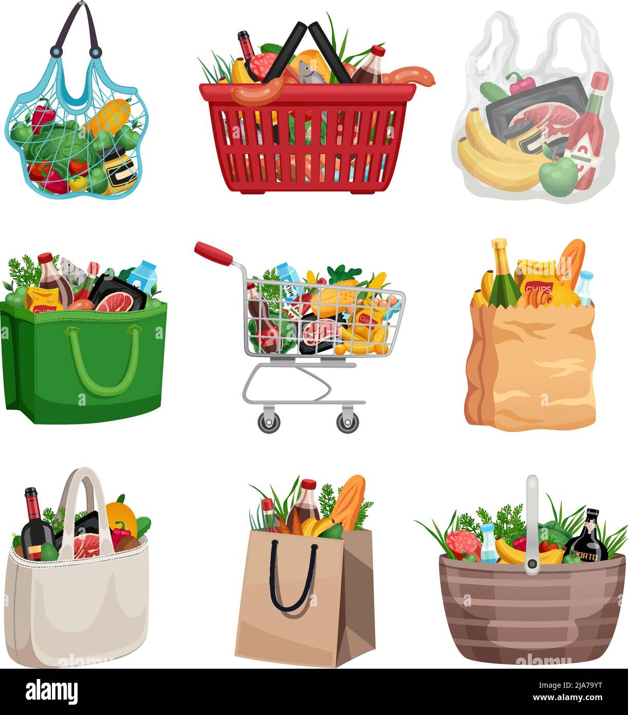 Sac à provisions ensemble coloré de sacs en papier et en matières textiles panier et chariot rempli au sommet avec illustration vectorielle isolée à l'alimentation Illustration de Vecteur