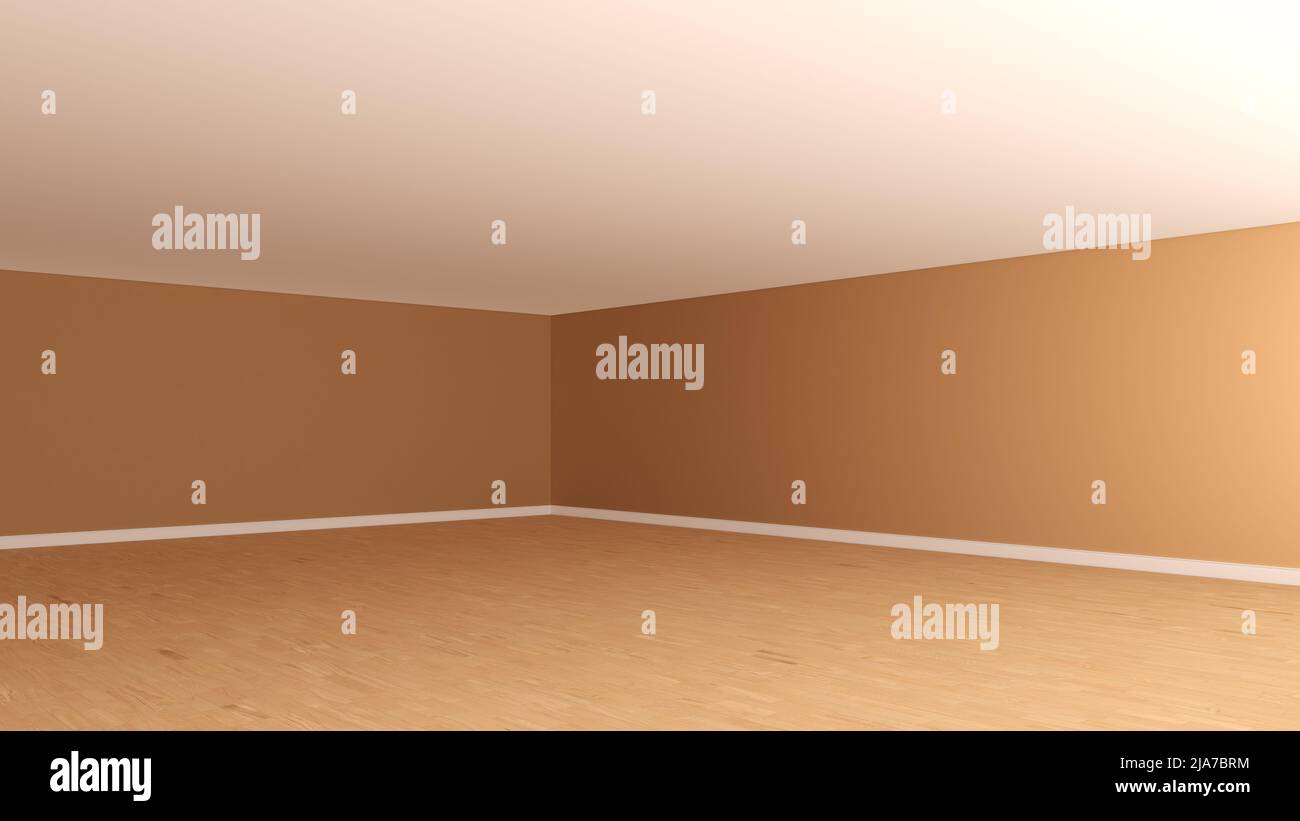 Coin intérieur vide avec murs brun clair, plafond blanc, parquet clair et un plinthes blanc. Chambre vide non meublée. Vue en perspective. 3D illustration, Ultra HD 8K, 7680x4320, 300 dpi Banque D'Images
