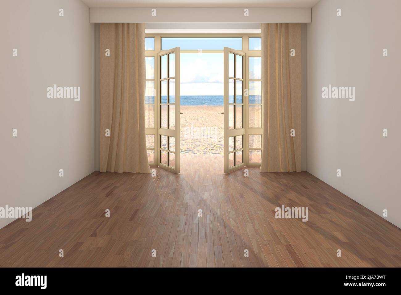 Chambre d'hôtel vide avec vue sur la mer. Intérieur avec porte ouverte donnant sur l'océan, rideaux beige, sable jaune et nuages. Parquet sombre et mur en stuc blanc. Rendu 3D, 8K Ultra HD, 7680 x 5121 Banque D'Images