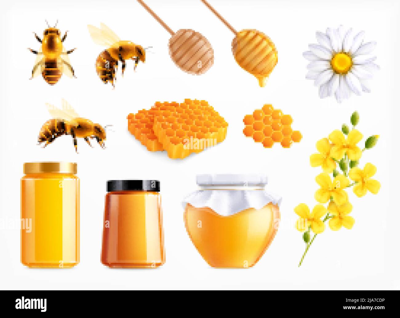 Ensemble réaliste miel avec icônes isolées de cuillères peigne et fleurs avec abeilles et plein bocaux illustration vectorielle Illustration de Vecteur