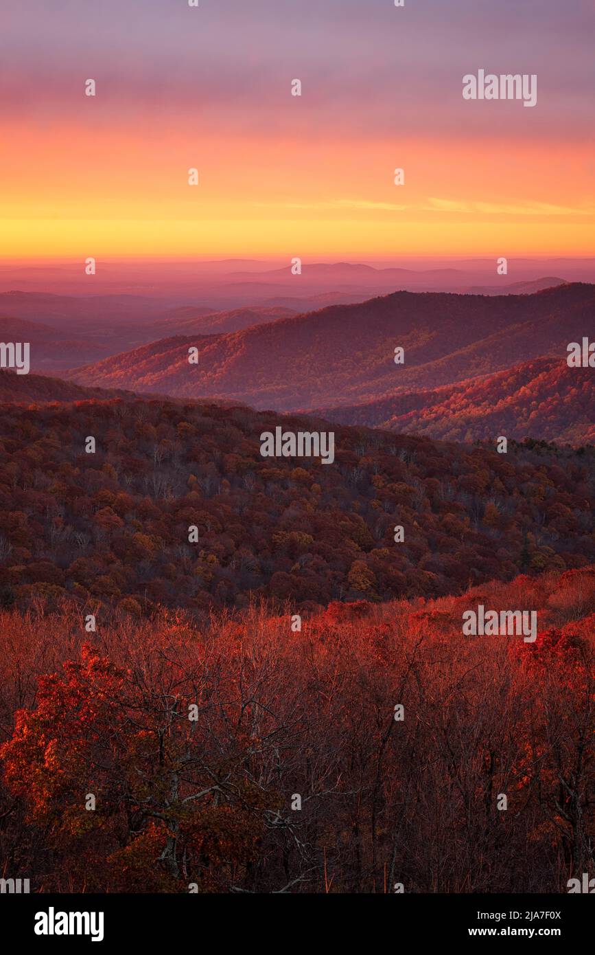 Lever de soleil d'automne depuis Rattlesnake vue dans le parc national Shenandoah en Virginie Banque D'Images