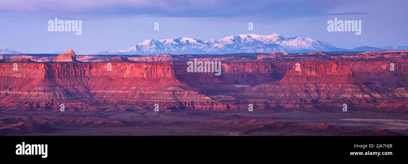 Parc national de Canyonlands et montagnes de la Sal au lever du soleil Banque D'Images