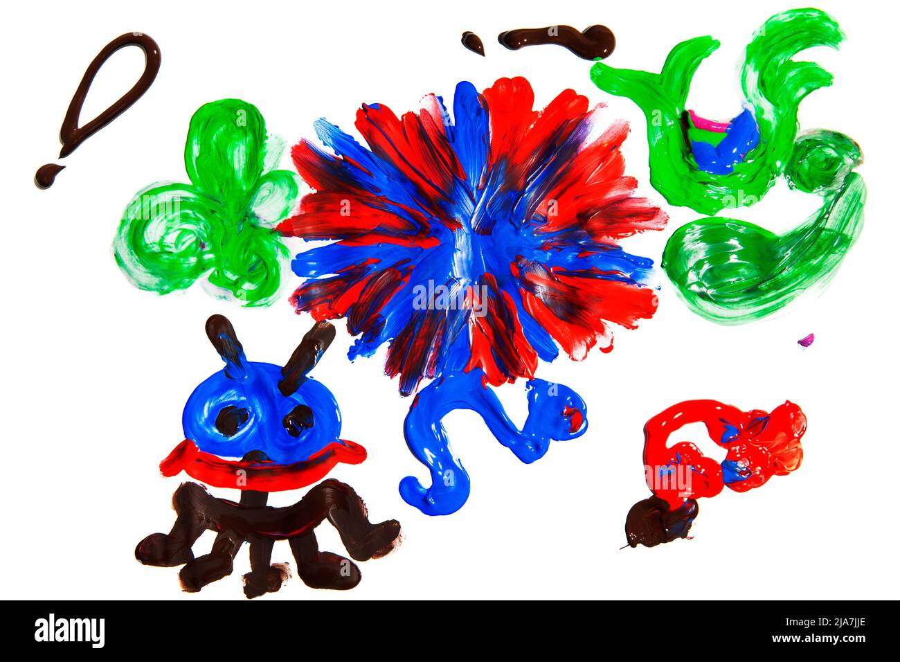 Feuille de papier blanche avec des figures peintes aux couleurs vives et des illustrations peintes à la main. Banque D'Images