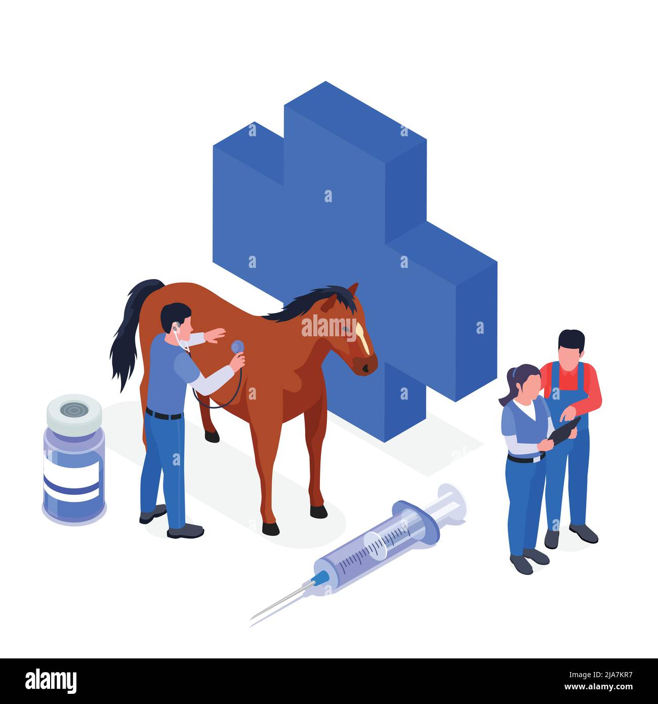 Isométriques animaux de ferme vétérinaire icône définir une situation abstraite avec le logo médical chevaux médicaments et illustration de vecteur vétérinaire Illustration de Vecteur
