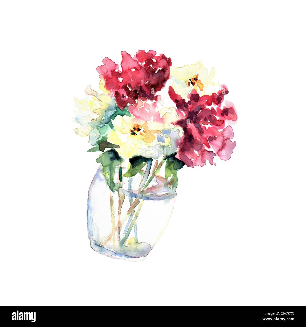 Bouquet abstrait de pivoines blanches et bordo avec feuilles dans vase en verre isolé sur blanc. Aquarelle. Fleurs d'été Banque D'Images