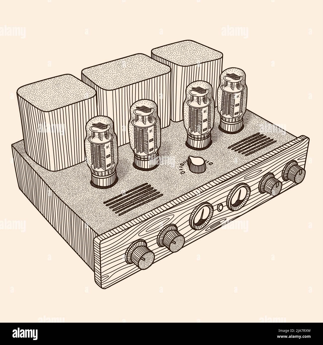 Amplificateur à tube vintage avec indicateurs pour écouter de la musique. Périphérique isolé sur un arrière-plan beige. Illustration de Vecteur