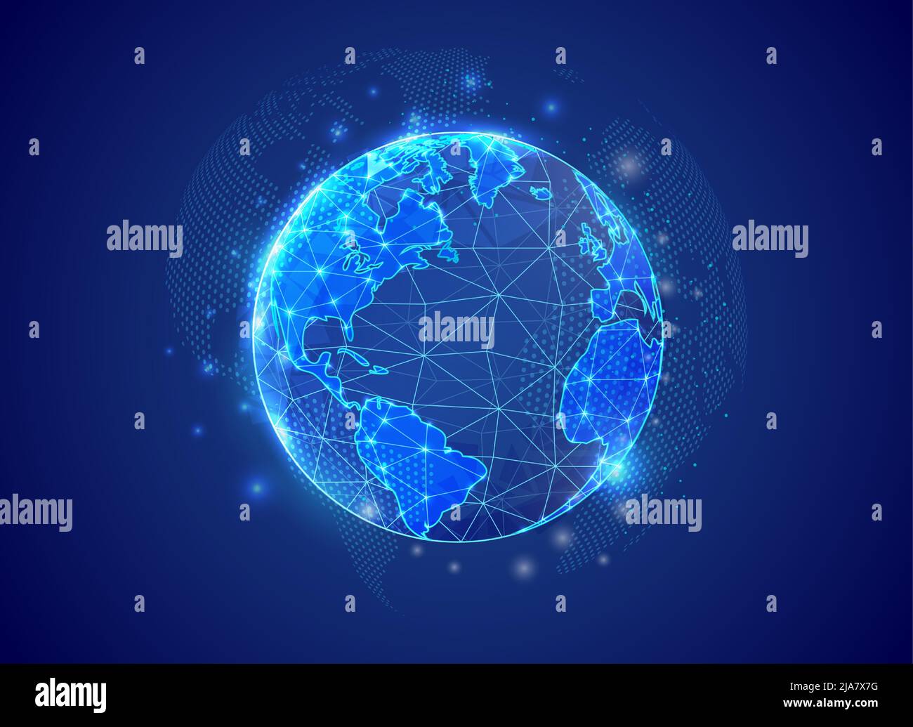 Symbole poly basse planète Terre 3D avec fond bleu de la carte du monde ...