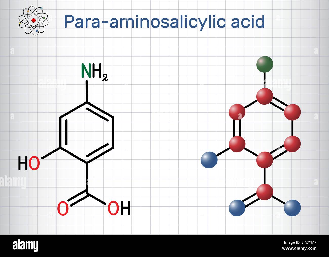 Acide 4-aminosalicylique, acide para-aminosalicylique ou molécule de pas. Il est antibiotique utilisé pour traiter la tuberculose. Formule chimique structurelle, Molecule Mo Illustration de Vecteur