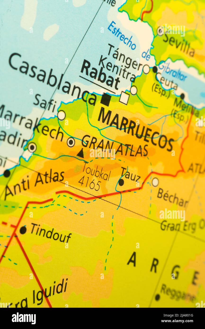 Carte orographique de Maruecos. Avec références en espagnol. Concept de cartographie, de voyage, de géographie. Approche différentielle Banque D'Images