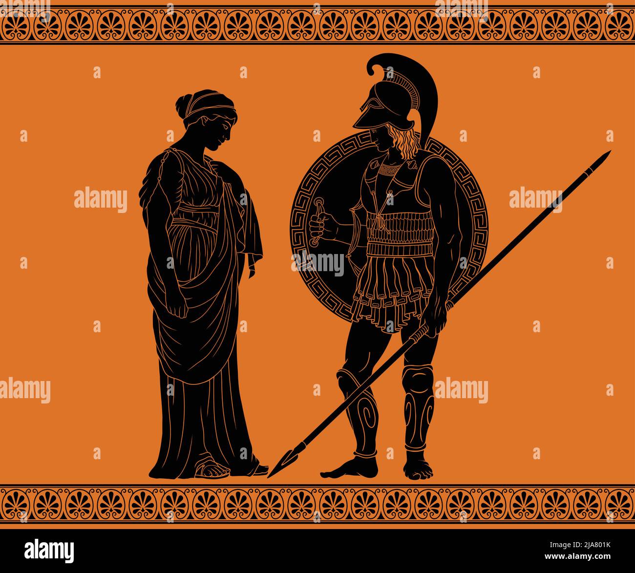 Un ancien guerrier grec avec une lance dans sa main et un casque sur sa tête parle à une femme dans une tunique. Illustration de Vecteur