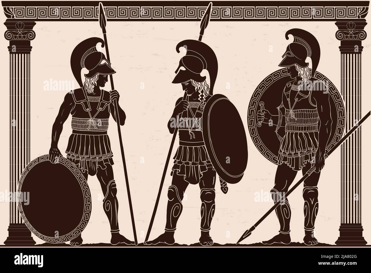 Trois anciens guerriers grecs avec des lances, des boucliers et des casques se tiennent dans le temple entre les colonnes. Illustration de Vecteur