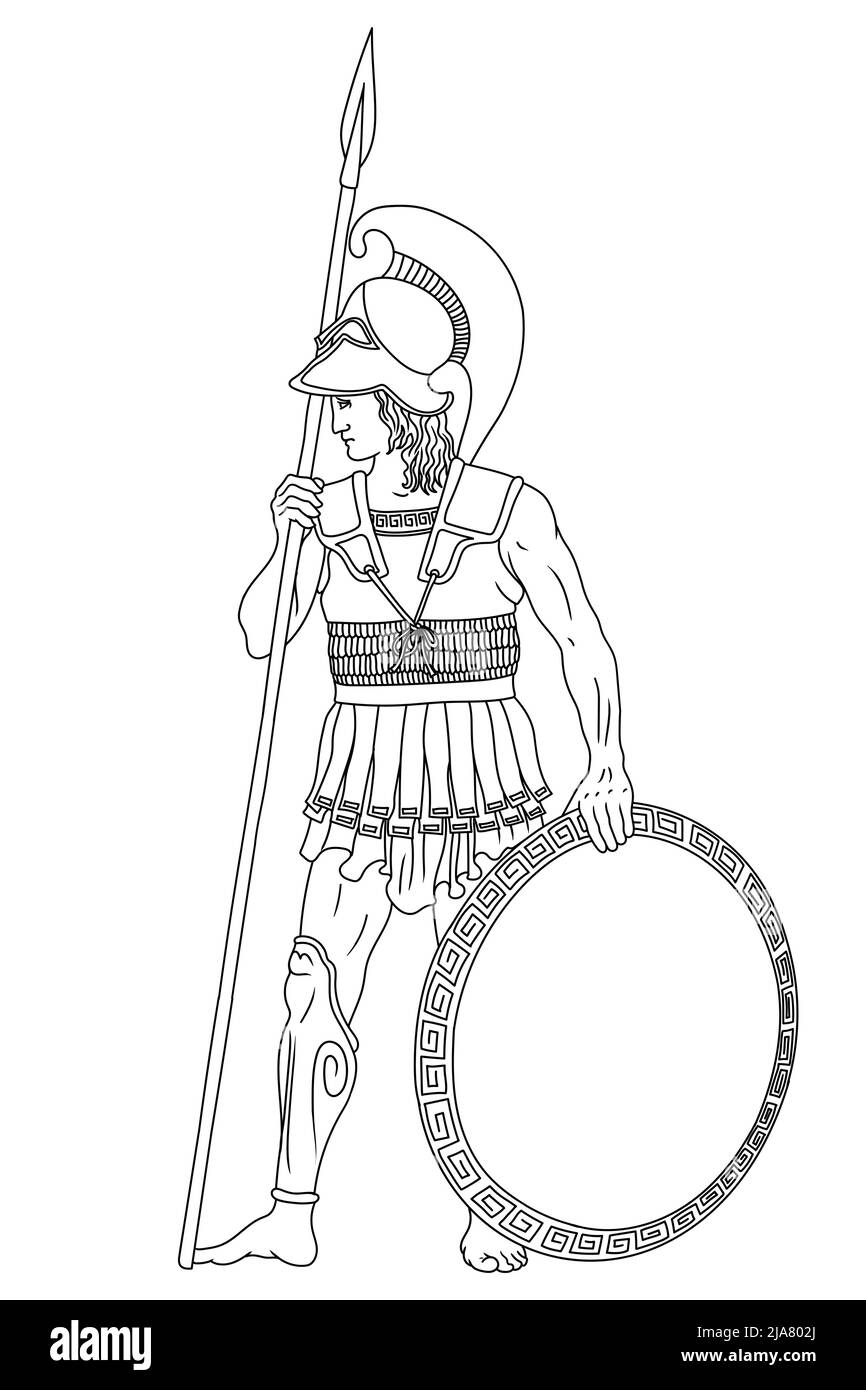 Guerrier grec ancien avec des lances et des boucliers dans leurs mains. Figure isolée sur fond blanc. Illustration de Vecteur