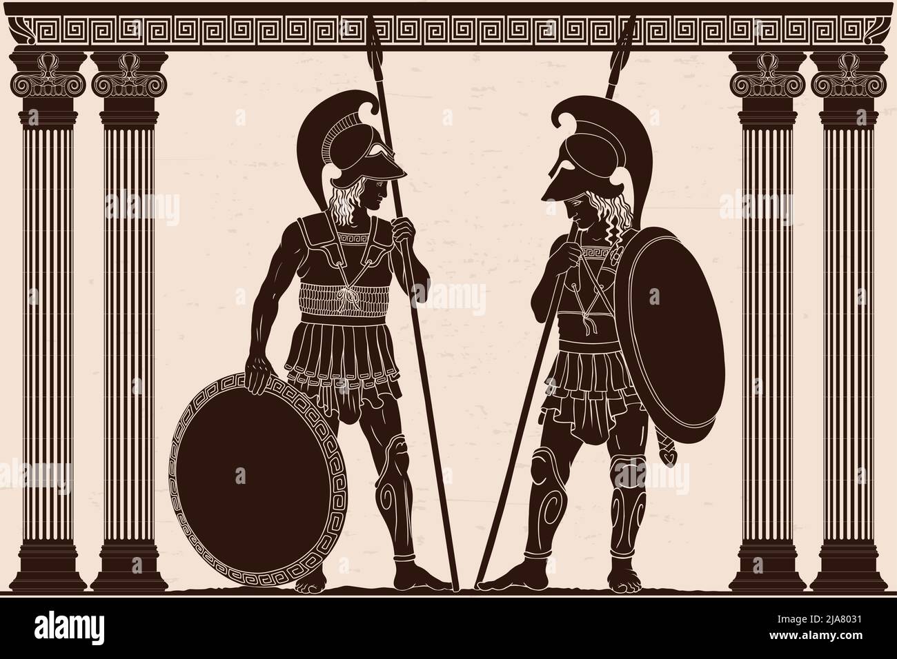 Deux anciens guerriers grecs avec des lances, des boucliers et des casques se tiennent dans le temple entre les colonnes. Illustration de Vecteur