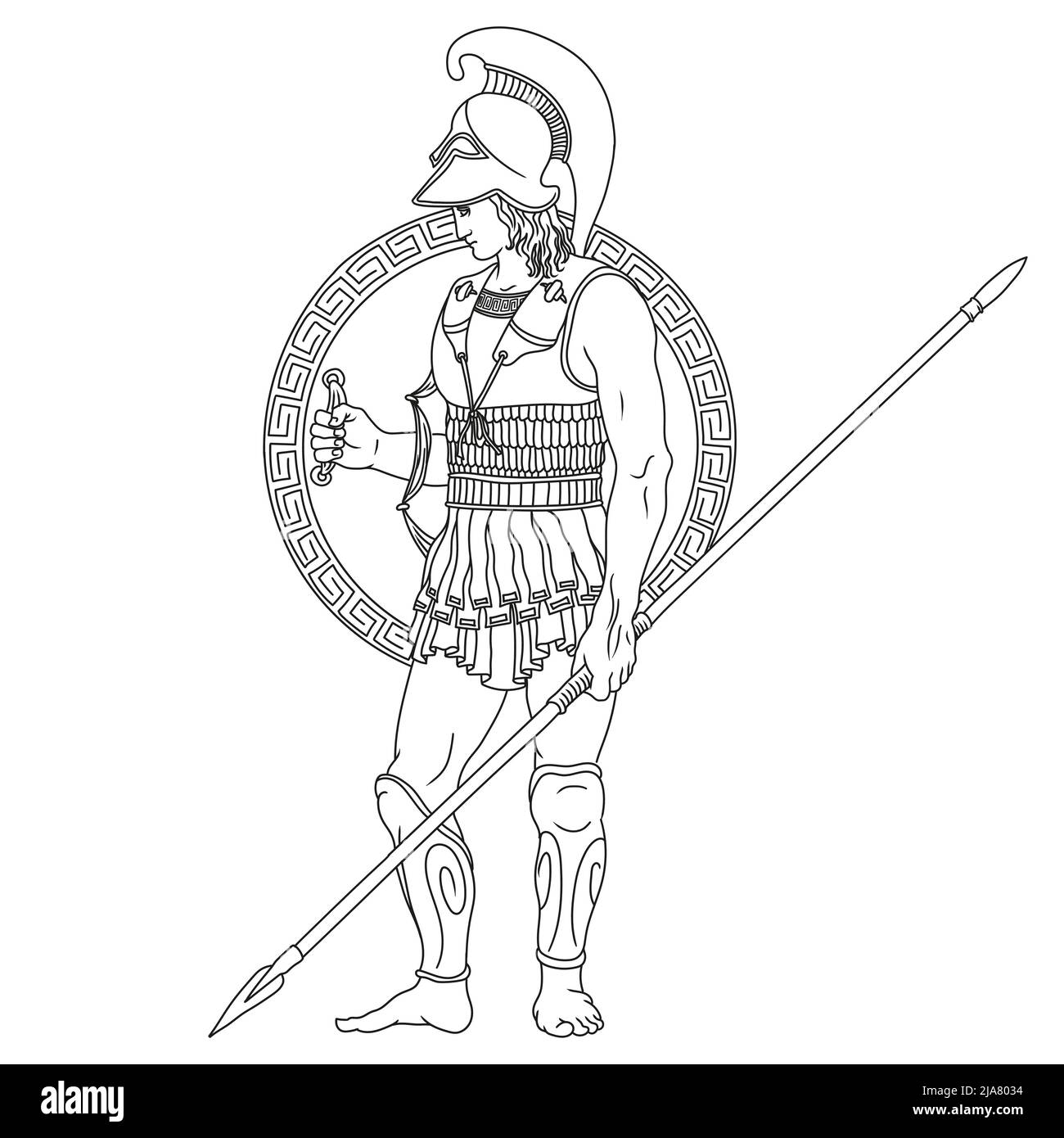 Guerrier grec ancien avec des lances et des boucliers dans leurs mains. Figure isolée sur fond blanc. Illustration de Vecteur