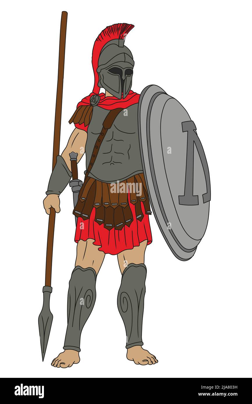 Guerrier grec ancien avec des lances et des boucliers dans leurs mains. Figure isolée sur fond blanc. Illustration de Vecteur